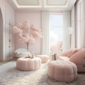 a living room with pink furniture and a large window Contemporary interior Nursery with Pastel Pink