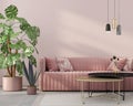 Living room in pink with velvet sofa Royalty Free Stock Photo