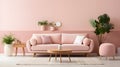 a living room with pink walls and a pink couch Scandinavian interior Workspace with Pastel Pink Royalty Free Stock Photo