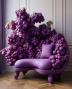 A living room with a purple chair shaped as grapes