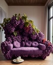 A living room with a purple chair shaped as grapes