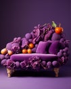 A living room with a purple chair shaped as grapes