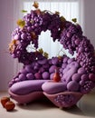 A living room with a purple chair shaped as grapes