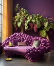 A living room with a purple chair shaped as grapes