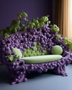 A living room with a purple chair shaped as grapes