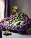 A living room with a purple chair shaped as grapes
