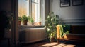 Living room, radiator under window, home heating, gas heating, house plants, Generative AI Royalty Free Stock Photo