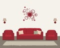 Living room with red furniture and round clock Royalty Free Stock Photo