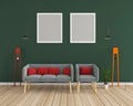 Living room red pillow sofa set and frames for mockup 3d rendering Royalty Free Stock Photo