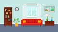 Living room with red sofa, bookcase, torchere, vase, plant, paintings and window. Royalty Free Stock Photo