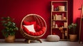 a living room with a red wall and a hanging chair Bohemian interior Nursery with Deep Red color