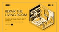 Living room repair works isometric vector website