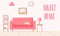 Living room in retro style, flat home illustration with sofa, lamp, books on shelf, clock, sleeping cat. Sweet home sign Royalty Free Stock Photo