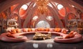 A Living Room With A Round Table And Couches, colorful absurdism hostile interior design