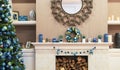 Living room, rustic christmas, christmas mantel, fireplace mantel, mantel decorating, decor ideas Royalty Free Stock Photo