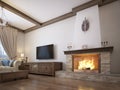 Living room in a rustic style with soft furniture and a large fireplace with classic elements