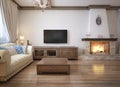 Living room in a rustic style with soft furniture and a large fireplace with classic elements