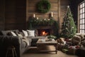 A living room with a rustic theme, featuring wooden accents, burlap stockings, and natural greenery as decorations. Ecologic