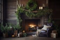 A living room with a rustic theme, featuring wooden accents, burlap stockings, and natural greenery as decorations. Ecologic