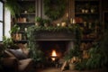 A living room with a rustic theme, featuring wooden accents, burlap stockings, and natural greenery as decorations. Ecologic