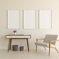 living room set of 3 white realistic 3d render frame mockups, frame templates.