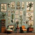 Luminous Vintage Green Room With Detailed Botanic Studies Royalty Free Stock Photo