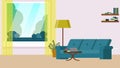 Living room with a sofa, coffee table, window overlooking the trees, bookshelves with books. Flat illustration