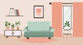 Living room with sofa, house plants, bedside table, window with curtains, bookcase and paintings on the wall. Flat interior