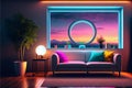 Living room sofa interior with neon lights in the evening
