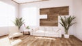 A living room with a sofa in a minimalist style White tropical style living room with wood grain floor..3D rendering