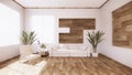 A living room with a sofa in a minimalist style White tropical style living room with wood grain floor..3D rendering