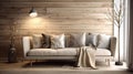 living room, Sofa with pillows and blanket against window in room with wooden paneling wall. Scandinavian style home interior Royalty Free Stock Photo