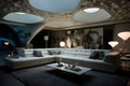 a living room with sofa , side table, ceiling , fierplace, quiet stlye design by carlo scarp ai generated