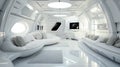 Living room in spaceship, white interior design of starship, inside futuristic spacecraft. Theme of space, scifi, technology,