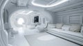 Living room in spaceship, white interior design of starship, inside futuristic spacecraft. Theme of space, technology, future,