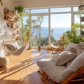 The living room is spacious and bright, with large windows overlooking the ocean, a comfortable chair and a hammock for relaxation