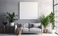 Living room with square mockup frame on the gray wall, decorated with elegant sofa and rug. Green plants on the floor