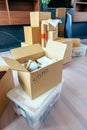 Living room with stack of moving boxes Royalty Free Stock Photo