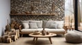 A living room with a stone wall and a wooden coffee table