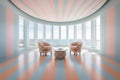 A living room with striped walls and a large window that says the sea Royalty Free Stock Photo
