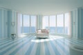 A living room with striped walls and a large window that says the sea Royalty Free Stock Photo