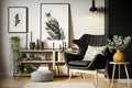 Scandinavian Living Room Composition with Stylish Armchair, Mockup Poster Frame, Commode, Wooden Stool, Books, and Decorations -