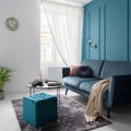 Living room with teal blue wall