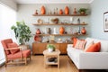 living room with terracotta pottery collection on shelves