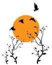 Flying Birds on Branch on sunset Vector, Wall Decals, Birds on Tree Design, Couple of Birds Silhouette. Nature Art Design Royalty Free Stock Photo