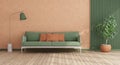 Living room in trend peach fuzz color year 2024 and green sofa