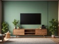 living room with tv display on soft green wall and wooden plate over cabinet. Generative AI