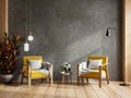 Living room with two yellow armchair,mockup concrete wall Royalty Free Stock Photo