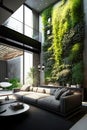 Living room with vertical garden, plants in luxury duplex interior, generative AI