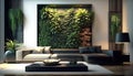 Living room with vertical garden, plants in luxury interior, generative AI